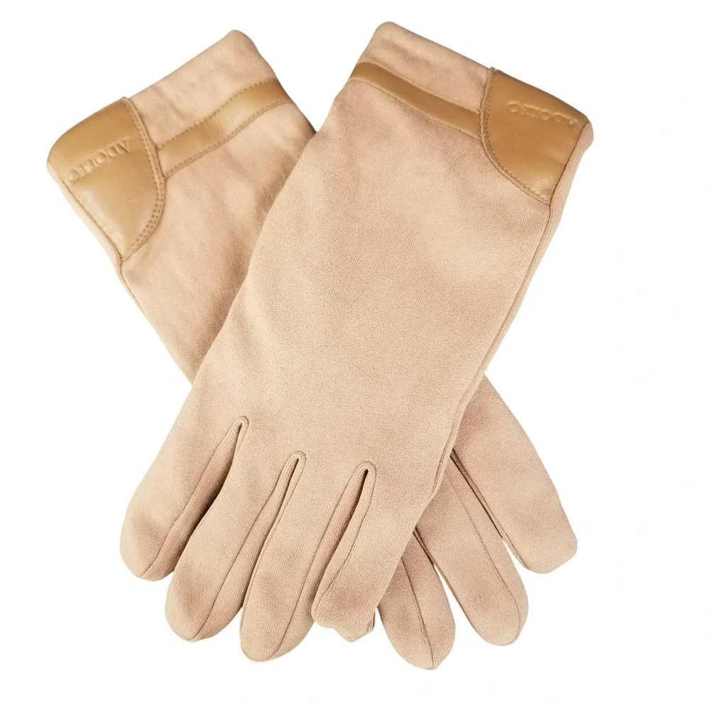Adolfo Womens Tan Nylon Winter Gloves Faux Leather Palm Acrylic Lined‎ One Size
